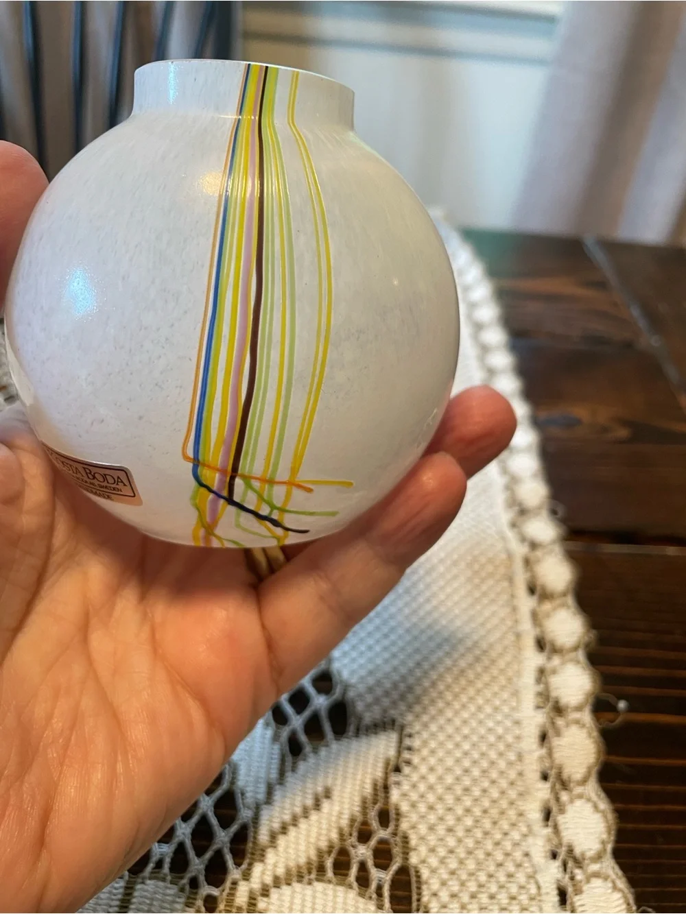 Kosta Boda White Glass Vase with Yellow and Blue Stripe Accents